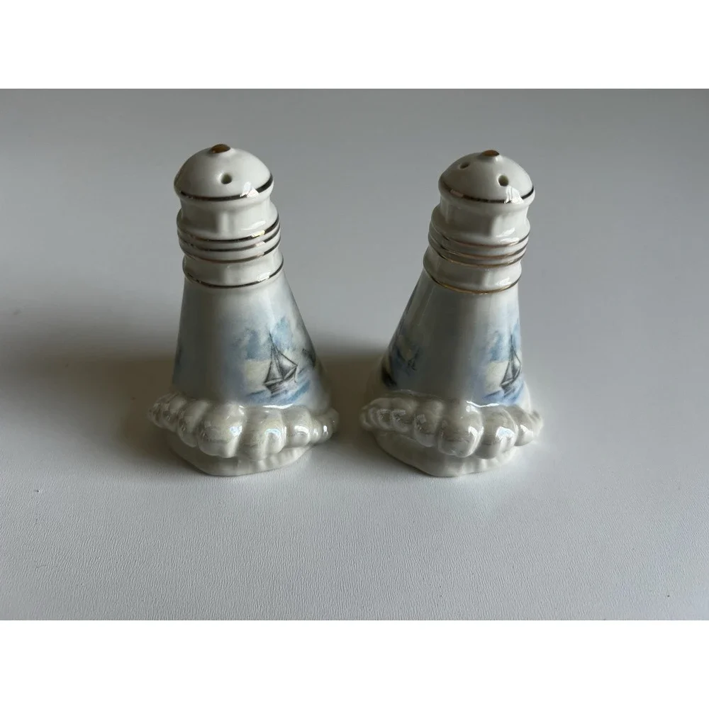 Lighthouse Cove ceramic salt & pepper shakers With lighthouse and sailboat #117